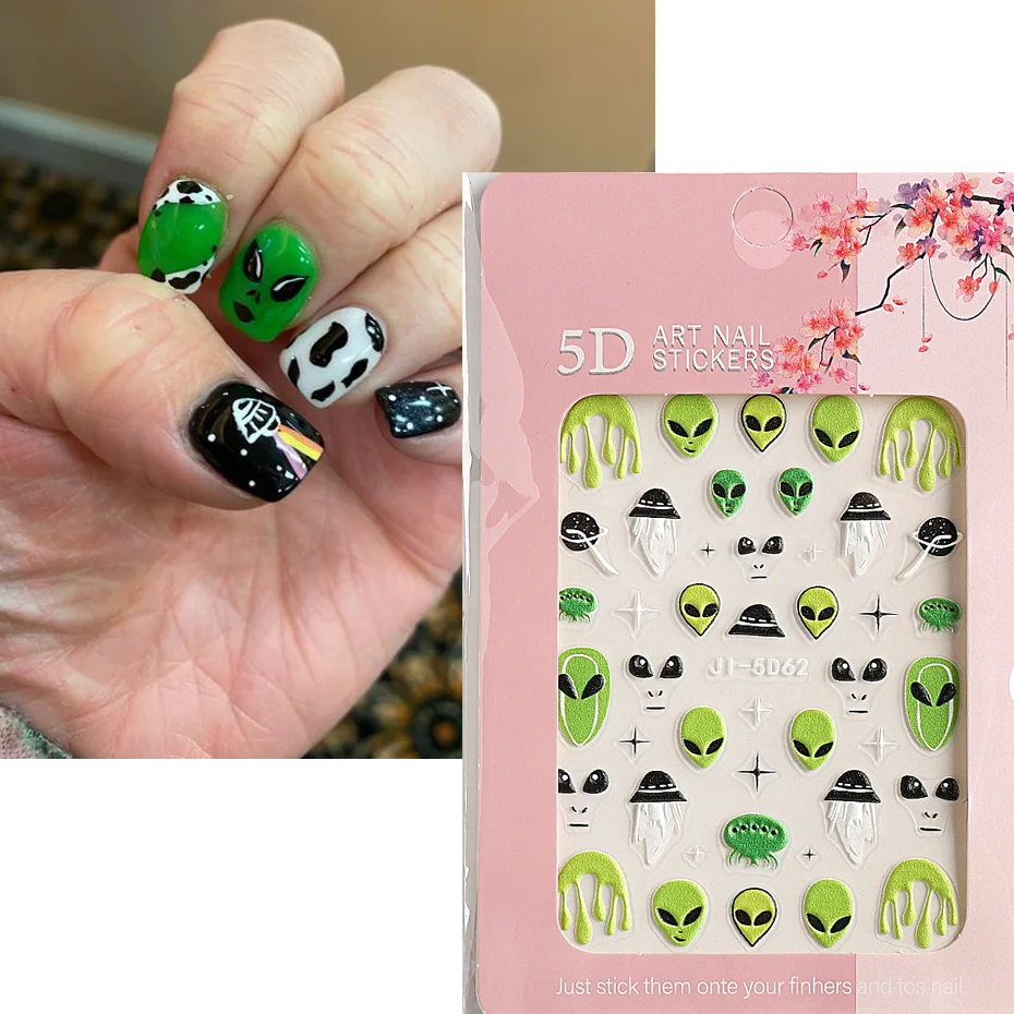 5D наклейки для ногтей с тиснением инопланетянин существ зелёные пришельцы черный дизайн страсти милый интерзвездный стиль дизайн ногтей декорации # JI-5D62
