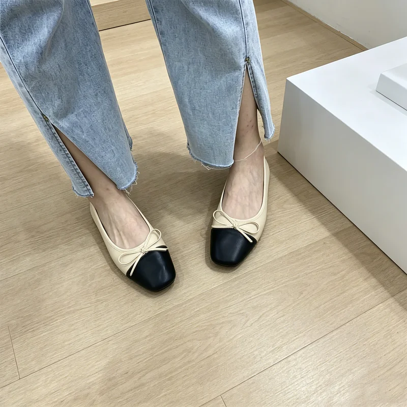 Фото Elegant Small Fragrance Women Flat Shoes Color Block Bowknot Square Toe Soft Leather Ballerina Slip On Casual Office Walking Shoes Zapatillas De Mujer №4
