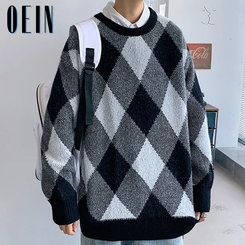 

Мужской трикотажный джемпер в клетку, теплый свитер с круглым вырезом в уличном стиле, одежда для осени, 2022