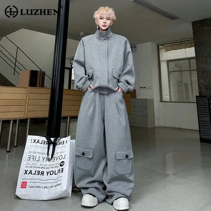 Фото Комплект LUZHEN: Модный мужской кардиган из искусственной кожи и свободные брюки с широкими штанинами, весна 2026, JY8133 №1