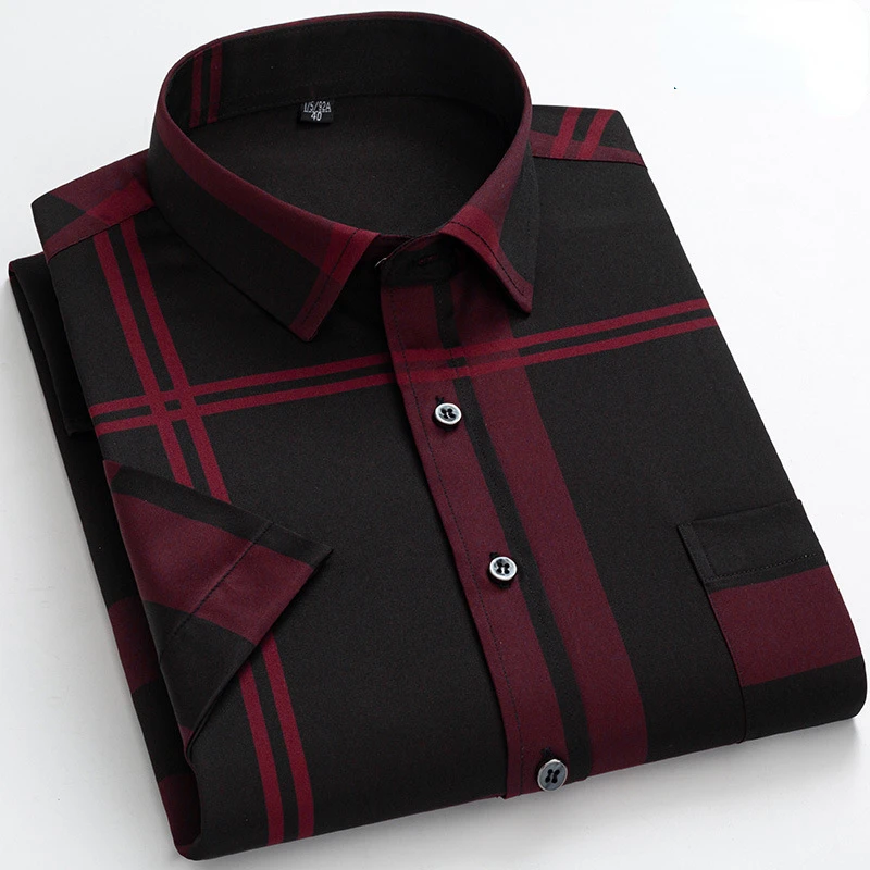 New men's summer short-sleeved plaid shirt bronzing stretch anti-wrinkle everyday casual with pocket dad's square collar |
