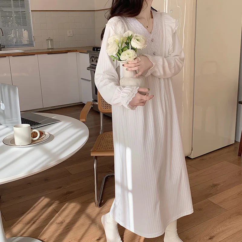 

Casual Women's Pajamas Korean Style Solid Long Sleeve Lace Trim V-neck Button Over Knee Nightdress for Women Nighty Sleepwear