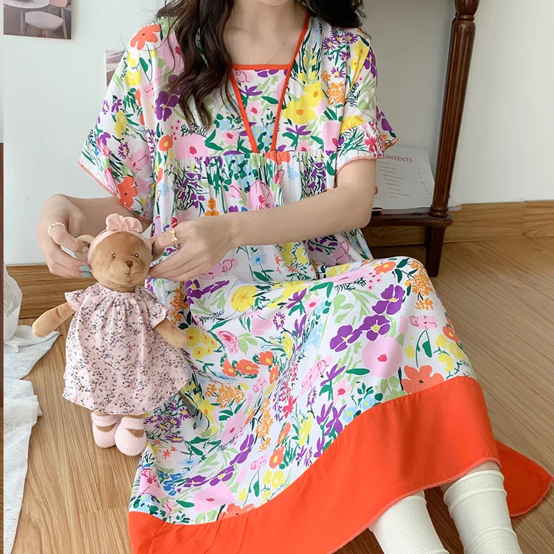 Summer Night Gown For Women Extra Large Short Sleeved Cotton Silk Nightdress Loose Nighty Dor Ladies