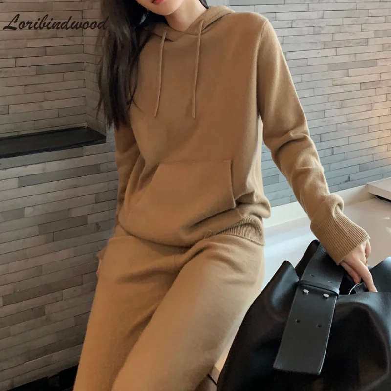 

Loribindwood модный спортивный костюм для отдыха 2021 осень и зима новый вязаный свитер с капюшоном широкие брюки женский комплект из двух предмето...