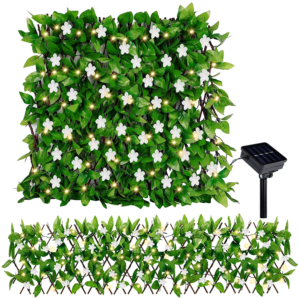 

Expandable Fence Privacy Screen 30x180CM Artificial Fencing Panel with 3 Modes Solar Lights Faux Ivy Hedge Flower Fence Indoor O
