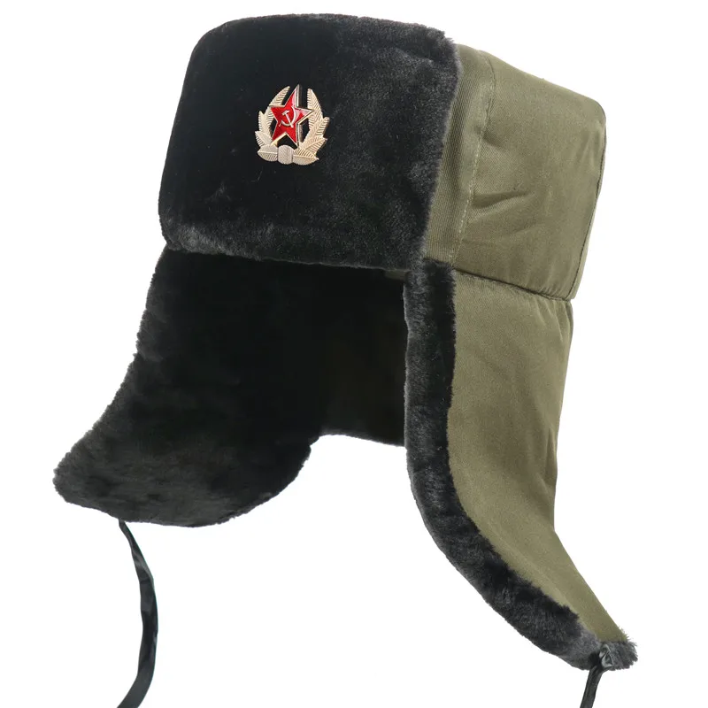 Sombrero de bombardero Ushanka con insignia militar del ejército soviético, gorros de piloto, atrapador, Trooper, piel de conejo de imitación, orejeras, gorros de nieve para hombres, Invierno