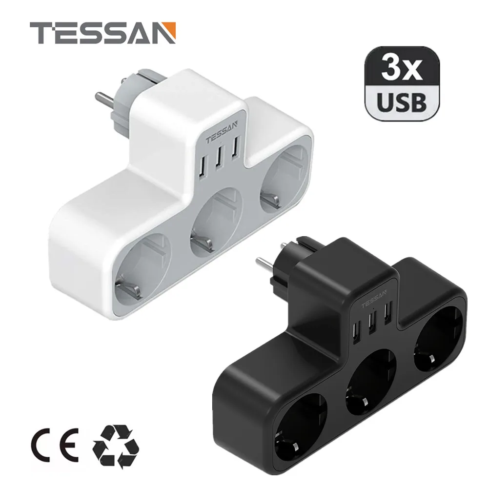 

TESSAN EU Euro KR Plug Adapter Compact Multiple Wall Socket with 3 AC Outlets 3 USB Ports 6 In 1 Power Charger Extender for Home
