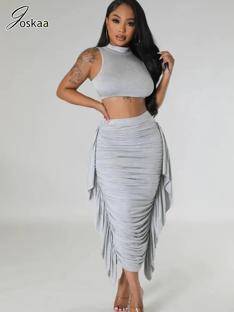 

Joskaa Sexy Street Style Two Piece Set Women Solid Crop Tank Tops and Ruffles Pleated Midi Skirt Matching 2023 Vacation Outfits