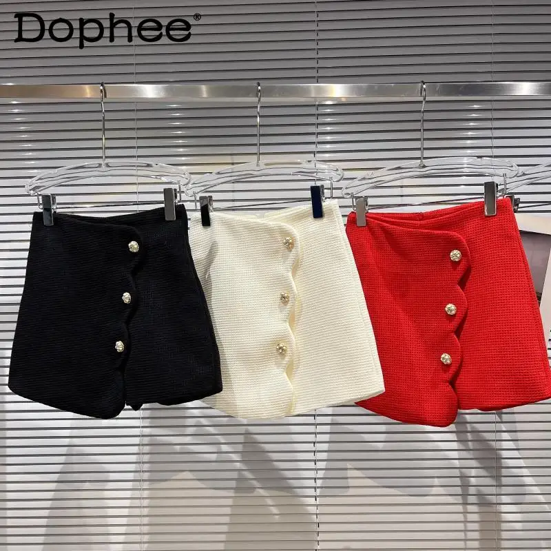

Autumn Winter New Wave Beveled Metal Buckle Thick Woolen Shorts Skirt Women High Waist Thick Flower Tweed Mini Skirt High Street