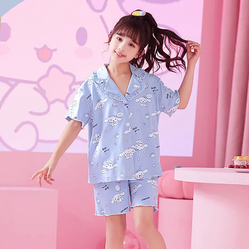 

Sanrio Kawaii MyMelody Пижама Cinamoroll мультфильм дети с коротким рукавом летняя Домашняя одежда хлопок свободный отворот принцесса Пижама