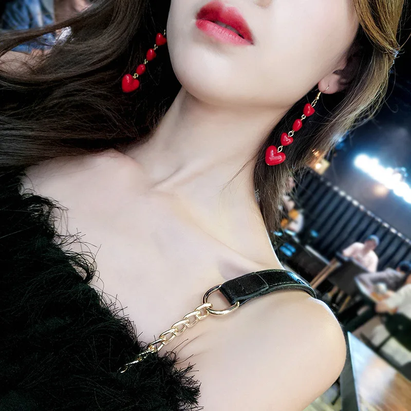 Японские и корейские вишневые Красные Серьги Love женские длинные серьги с