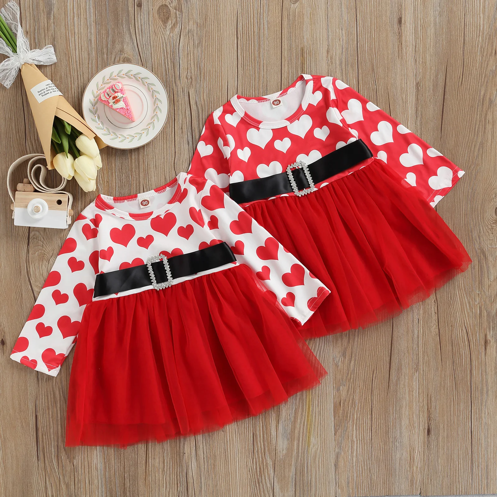 

1-5Years Toddler Baby Girl Autumn Dress Valentine's Day Long Sleeve Heart Printed O-Neck Patchwork Lace Clothing