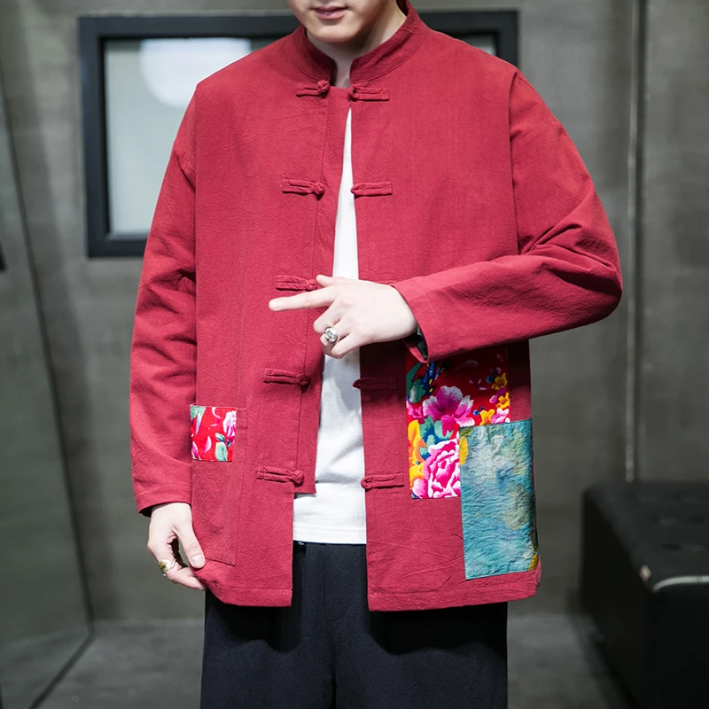 

Creative Chinese Traditional Clothing Men's Flower Patch Patchwork Cotton Linen Jacket Tang Suit Shirt Men's Retro Coat Top
