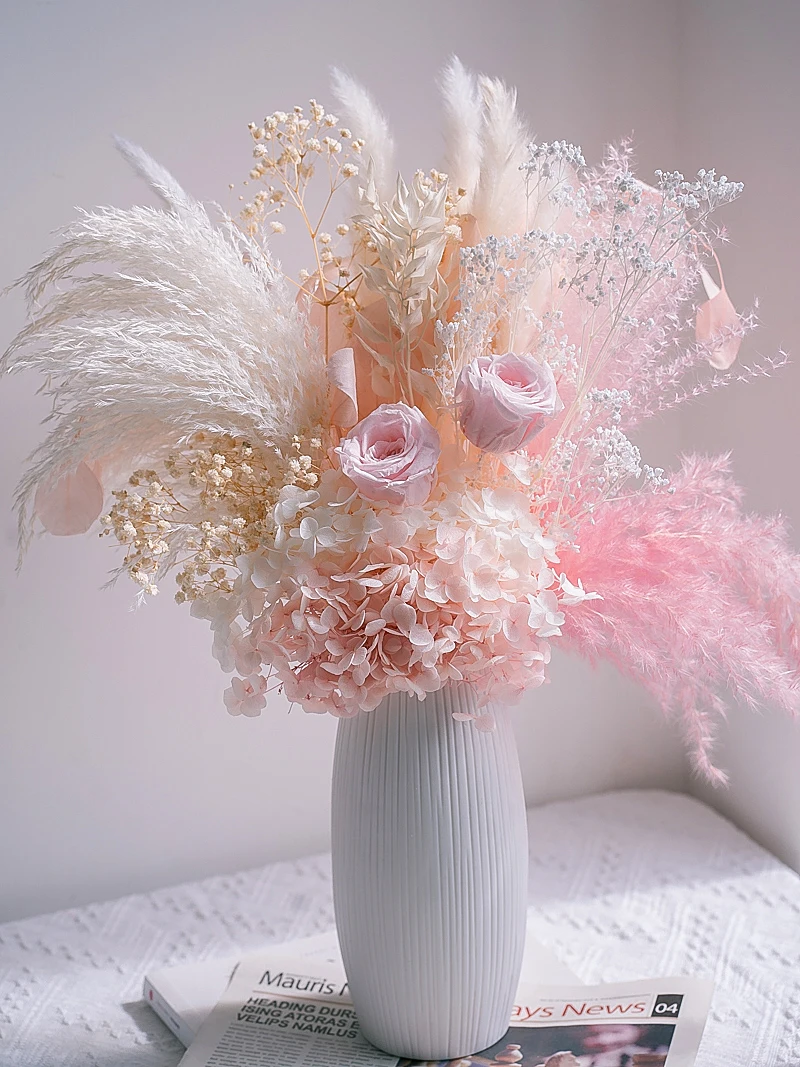 

Immortal Hydrangea Forever Rose Baby’s Breath Natural Dried Flower Bouquet Home Decoration Living Room Reed Room Decor Gifts