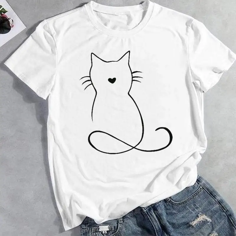 

Classic round neck all-match summer new fashion simple thin kitten print T-shirt