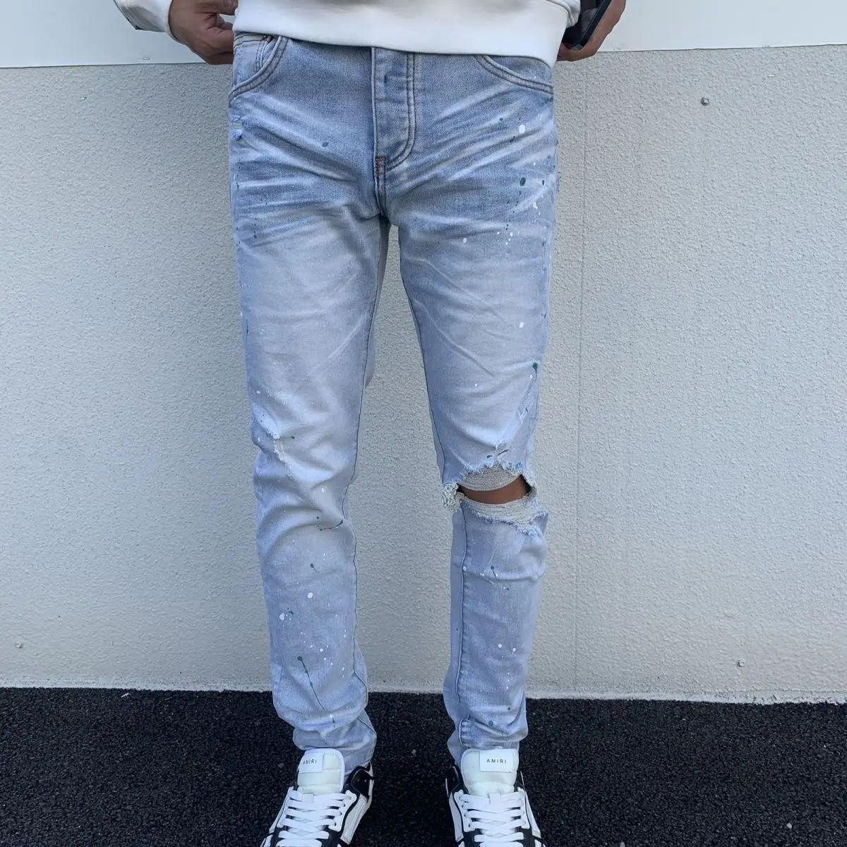 

New Design Fashion Men Jeans Vintage Star Speckle Paint Dot Jeans With Hole Light Blue Slim Ripped Jeans Men Hip Hop Denim Pants