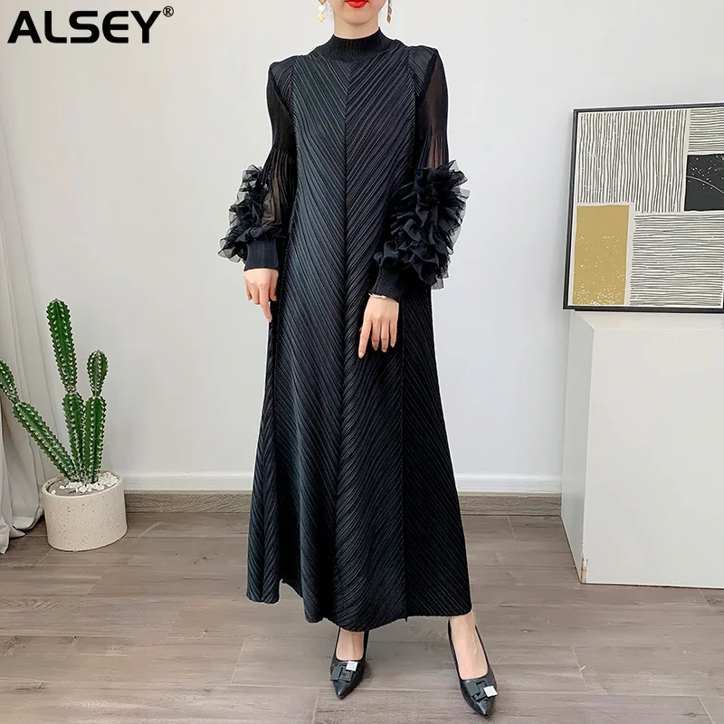 

ALSEY Miyake 2023 New Round Neck Splicing Ruffle Dress Solid Color Long Dress Petal Sleeves Loose Elegant Women's Dresses