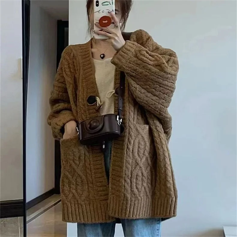 

Korean Ins Lazy Knitted Cardigan Female V-neck Single-breasted Loose Lantern Sleeve Sweater Coat Women Oversized Sweater