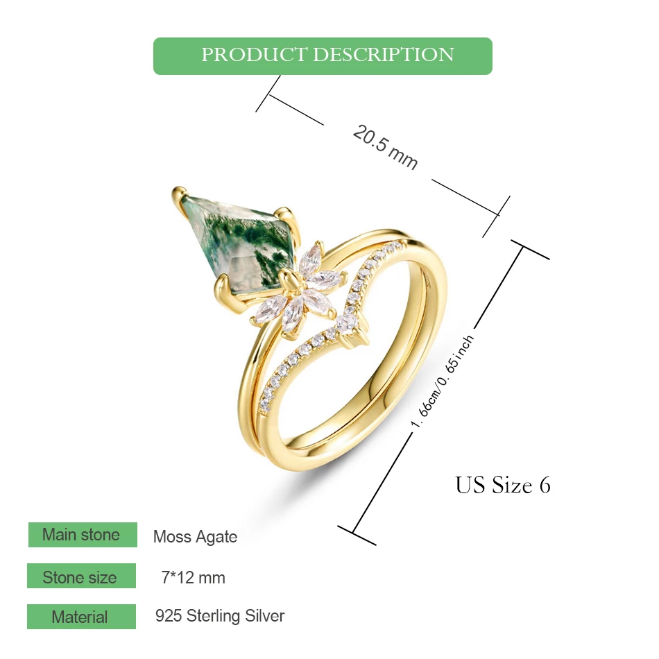 WES стерлингового серебра 925 пробы натуральный мох агат набор колец для женщин 7*12
