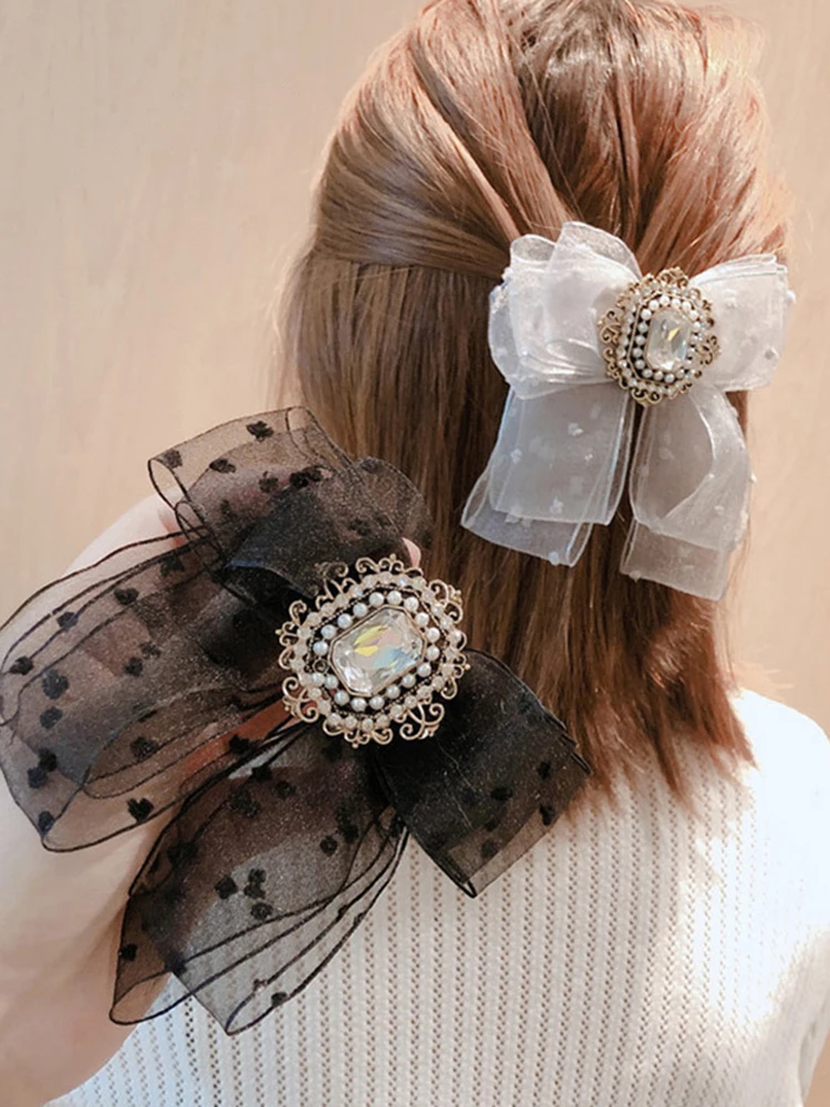 

Korean Style Hair Clip Spring And Summer Dot Yarn Bow Spring Hairpin For Women Girls HairJewelry Temperament Elegant Accessoires