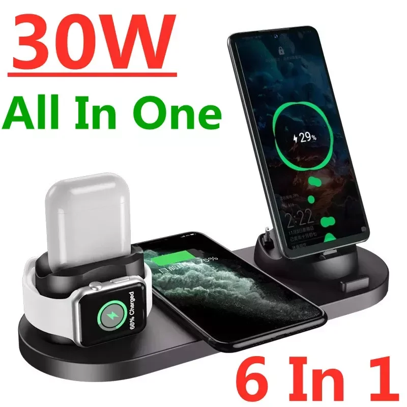 

6 in 1 Wireless Charger Stand Pad 13 12 11 X Watch Qi Fast Charging Dock Station for Airpods Pro 7 6