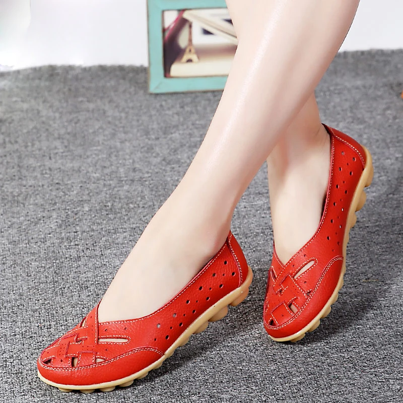 Ladies Shoes 2023 Plus Size 35-44 Summer Cut Out Women Genuine Leather Woman Ballet Flats Casual Sandals Women Loafers Gift Shoe