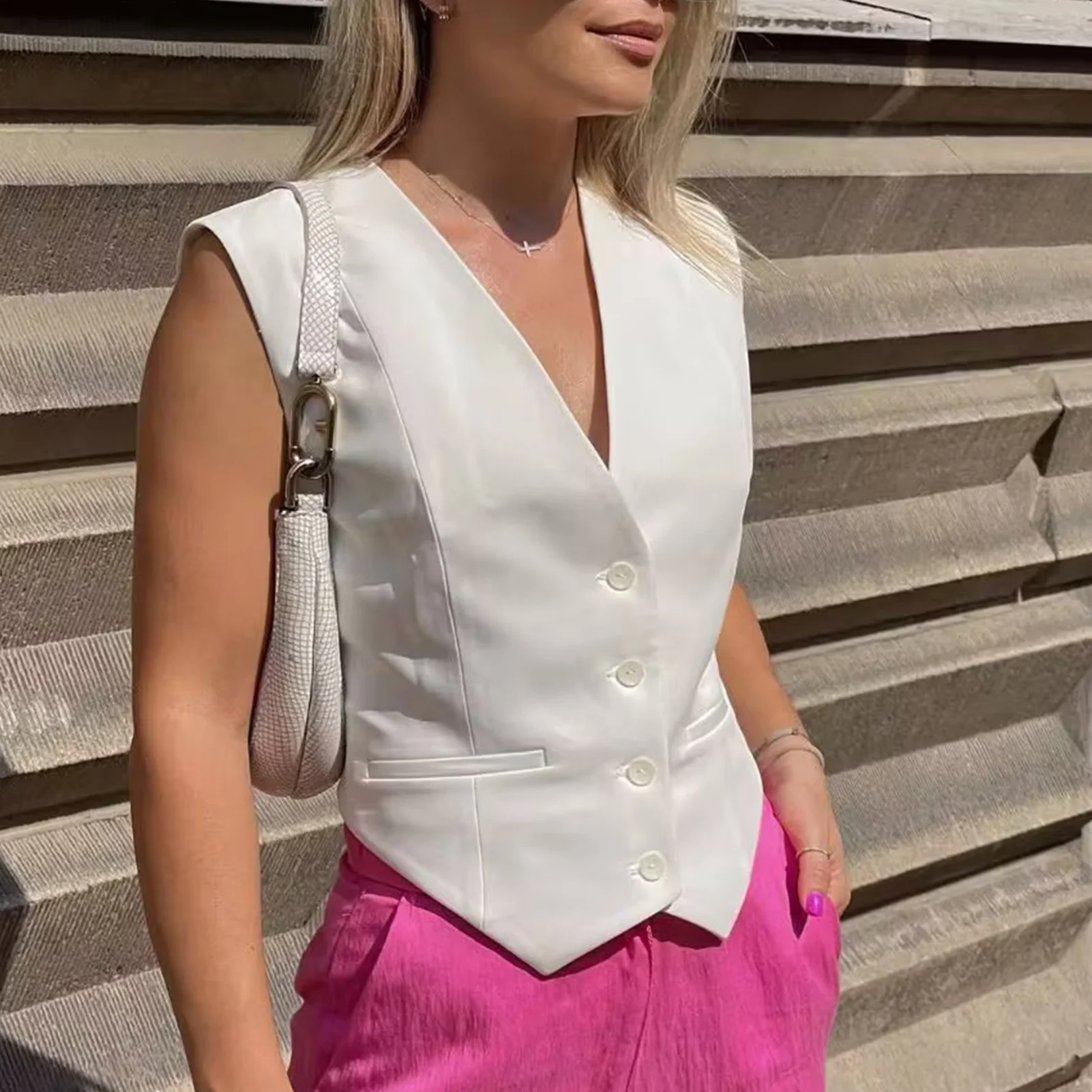 

Женский однобортный жилет с V-образным вырезом, однотонная женская блузка без рукавов, элегантная приталенная повседневная одежда для девушек