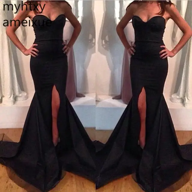 

Sexy Black Plus Size Evening Gown Dress For Women Side Slit Mermaid Satin Mermaid Party Robe De Soiree Hi Low Dress