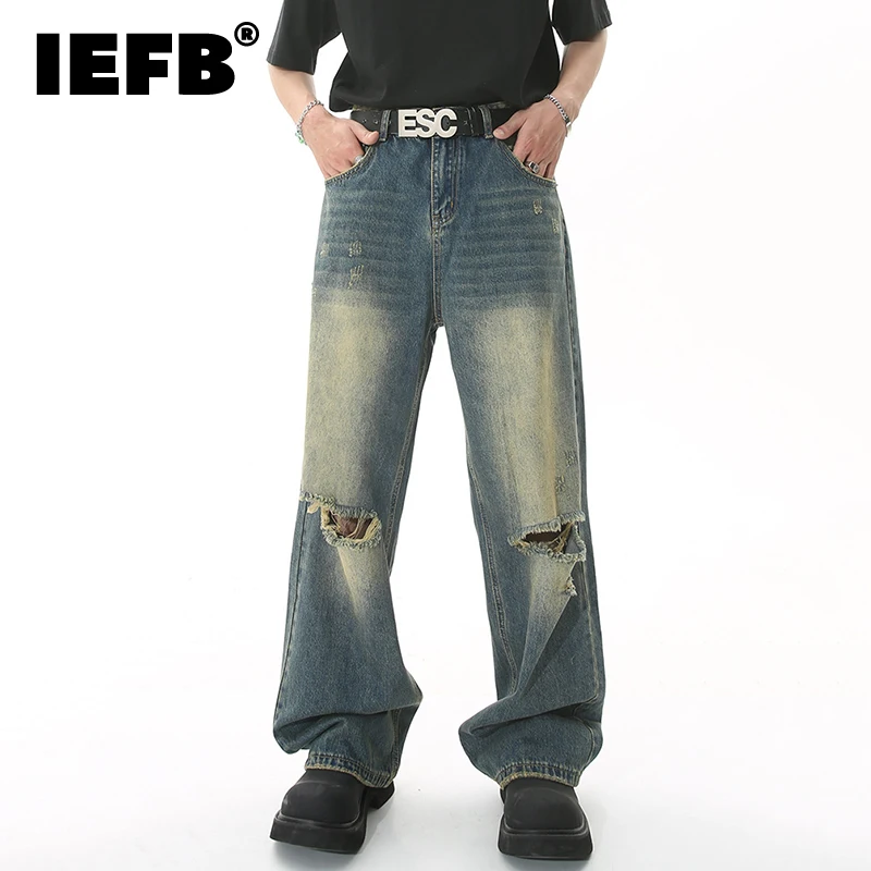 

Повседневная мужская одежда IEFB, изношенные джинсы, модные нищие брюки, мужские трендовые прямые широкие джинсовые брюки с дырками 9A8922