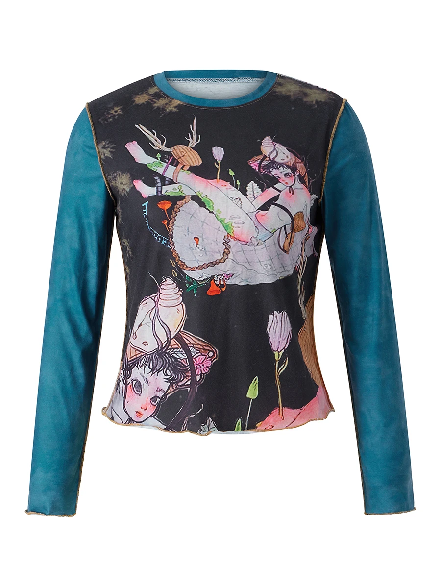 

Женский винтажный укороченный топ с принтом, свитшот с длинным рукавом и круглым вырезом, футболка для E-Girl 90-х годов, уличная одежда Y2K, осень