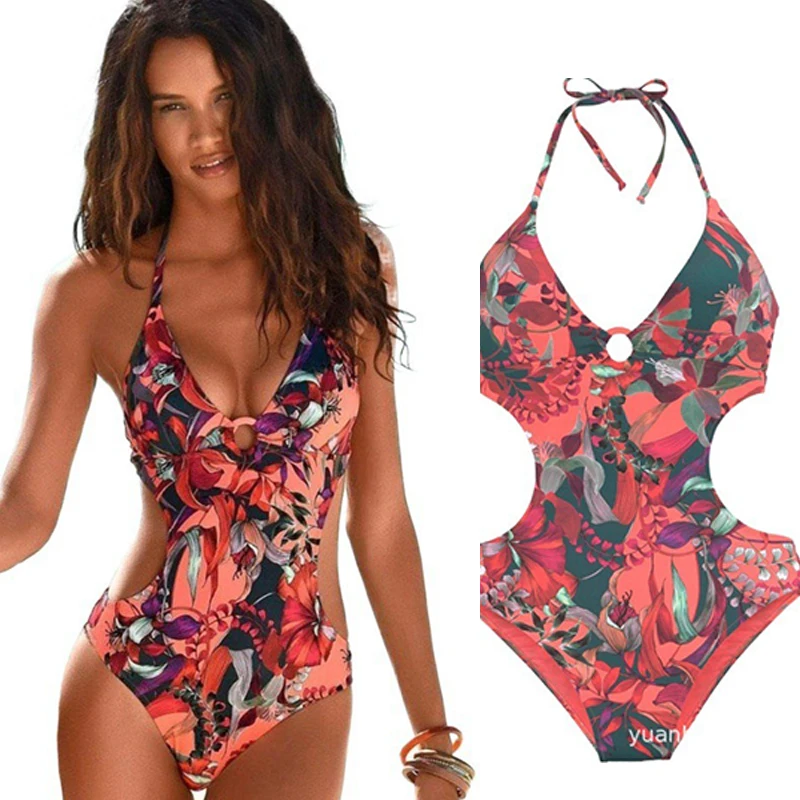 

Women's Printed Swimsuit Sexy Backless Swimwear New Monokini One Piece Bikini Halter Tops Summer Beach Swimming Suit