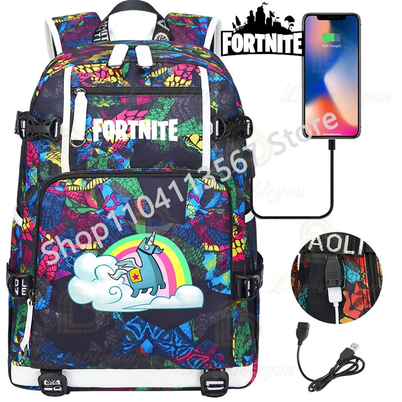 Фото Рюкзак Llama Knight F-Fortnited Battle Royale с USB-зарядкой, аниме-фигурки, отделение для канцелярских принадлежностей для учебы, студентов Mochila №5