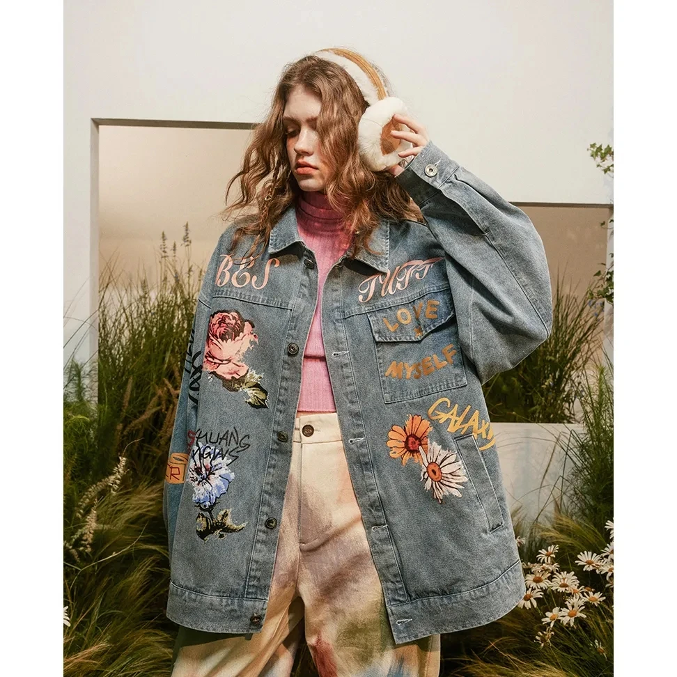 Женские свободные повседневные ковбойские куртки с принтом граффити