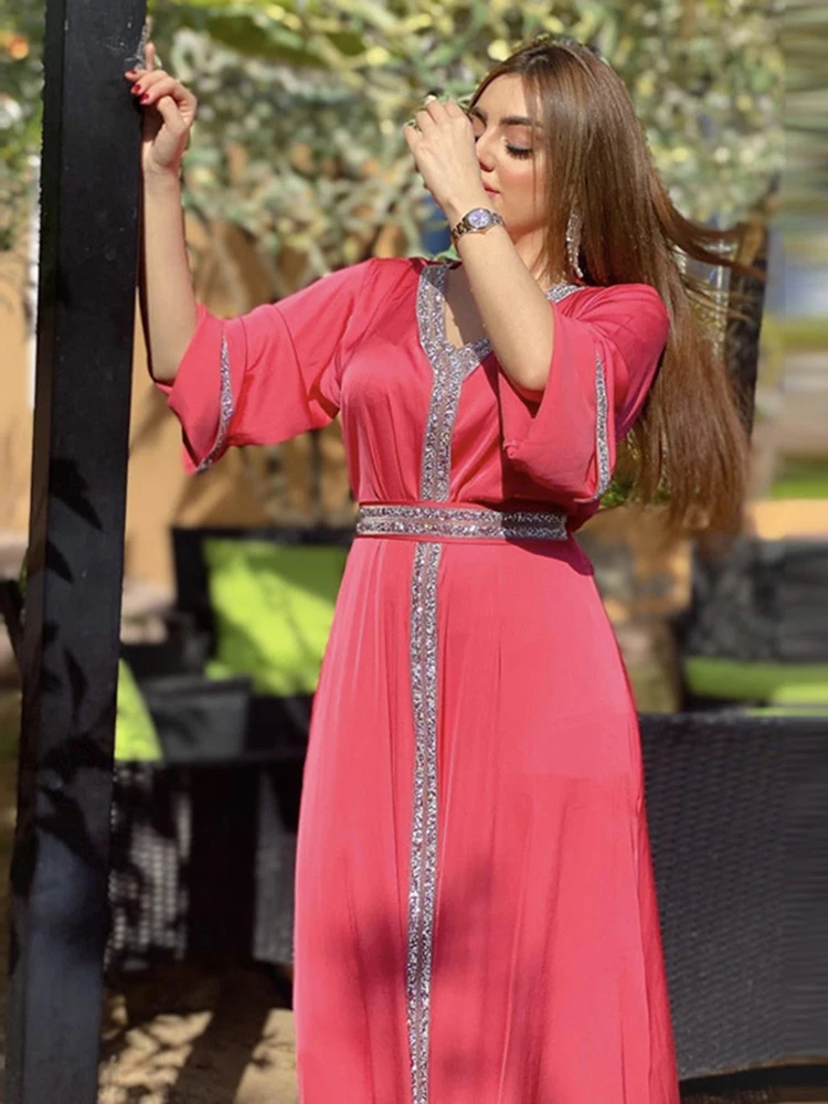

Rhinestone Trim Belted Kaftan V-Neck Solid Pink Soft Satin Dress Women's Clothing 2022 Latest Fashion Party Dresses