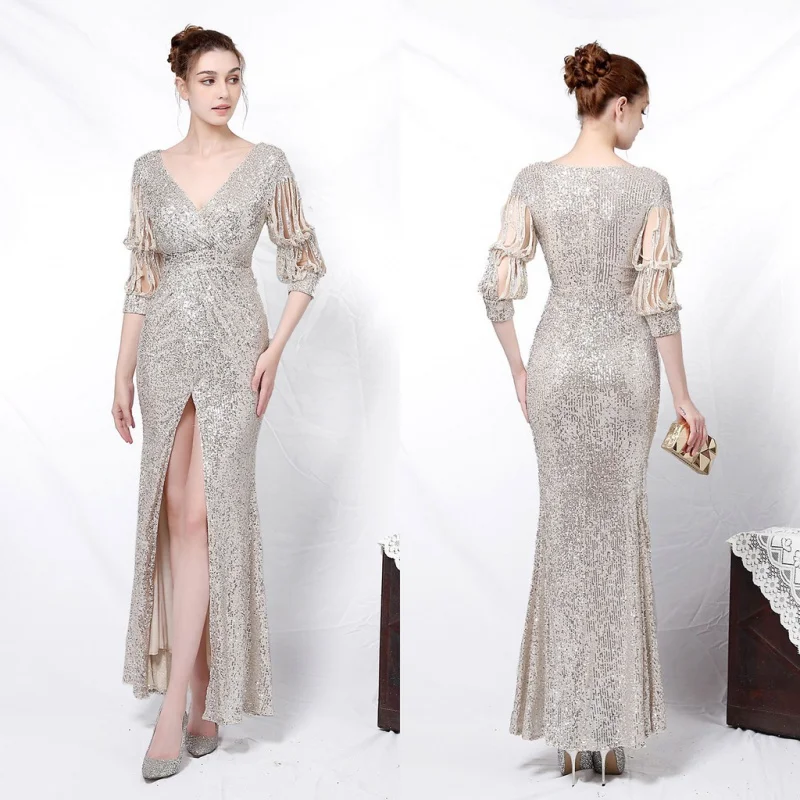 New style elegant long sleeve sequined queen fishtail evening dress for banquet women formal gown