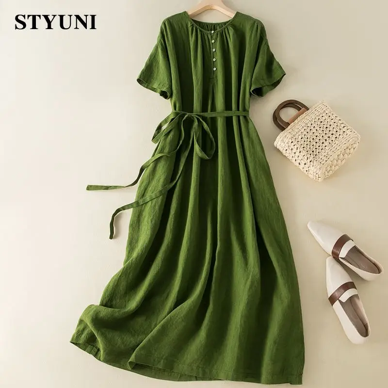 

Green Solid Casual Round-Neck Women's Dress 2022 Summer Short Sleeve Lace Up Cotton Linen Elegant Mid-Calf Dresses For Women