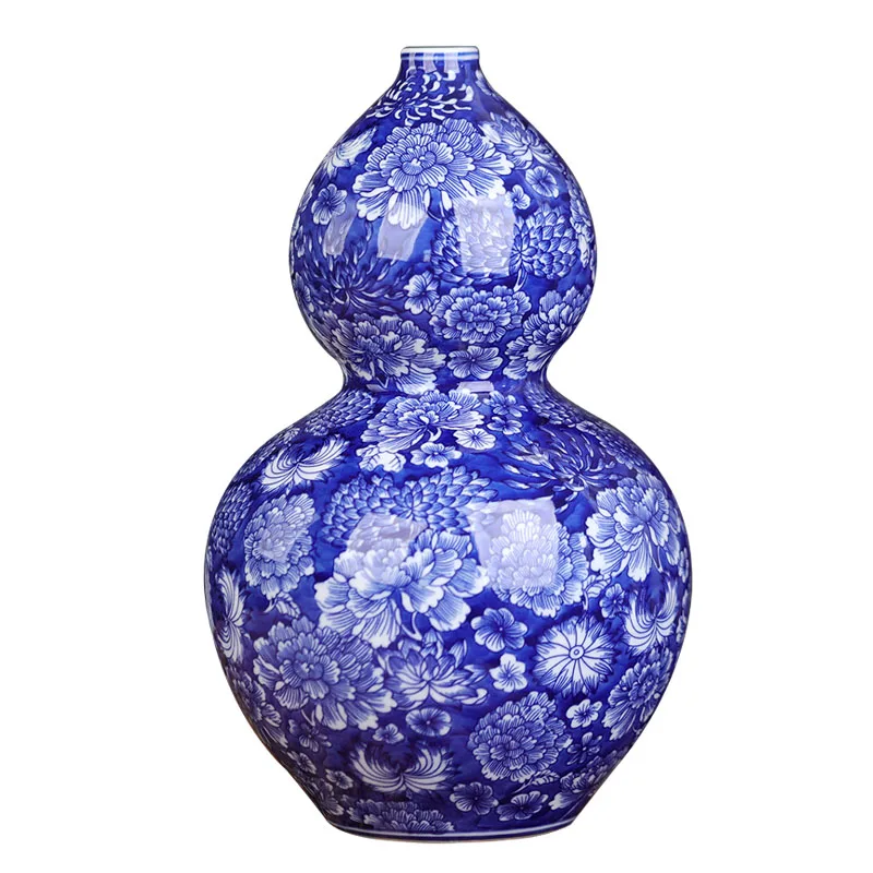 

Jingdezhen Big Flower Pattern Vase Antique Porcelain Blue And White Porcelain Porch Big Gourd Ornaments
