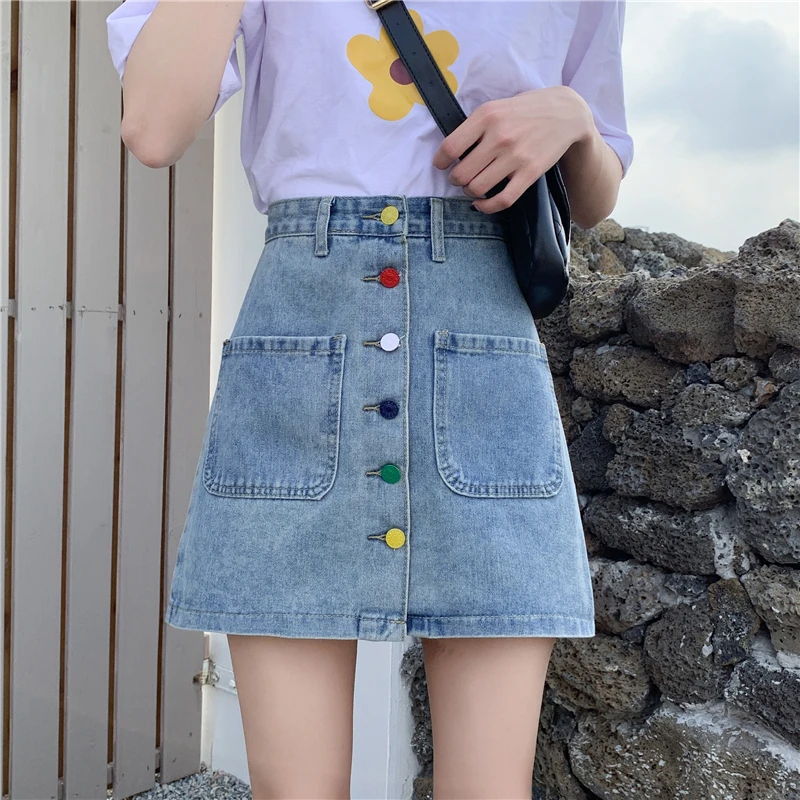 

Female Casual Elastic Waist Plus Size Slim Denim Skirts Summer Women Retro Mini Blue Chic Multi Color Buttons Jean Short Skirts