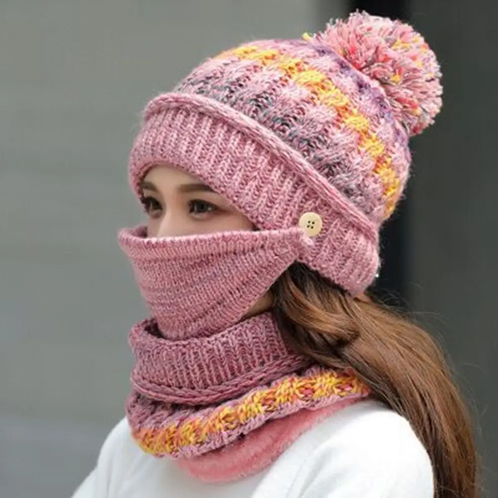 

Cold Protection Pom Bobble Winter Warm Women Beanie Stripe Snow Ski Cap Hat Scarf Mask Set