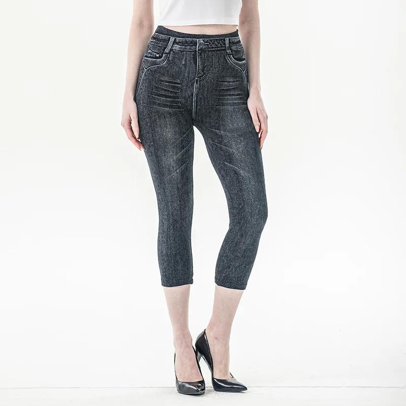 

Seamless Leggings Women Sexy High Waist Capri Legging Denim Print Jeggings Casual Summer Elastic Knee-Length Black Jean Leggings