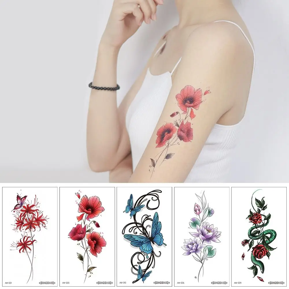 

10Pcs Fake For Women Waterproof Stickers Party Tattoo Decal Art Long-Time Tattoo Red Flower Ephemeral Tattoos