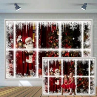 mocsicka christmas backdrop santa claus inside white window christmas tree snowflake photo background studio photography props