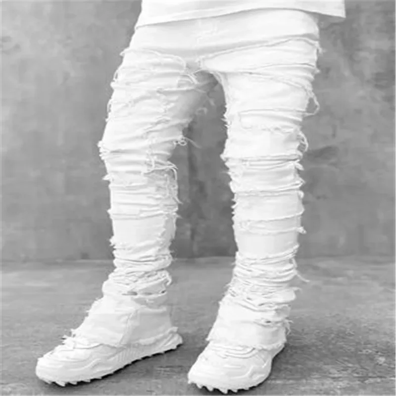 

High Street White Men's Stacked Jeans Stretched Patchwork Tassel Damaged Denim Full Length Pants Hip-pop Trousers For Male