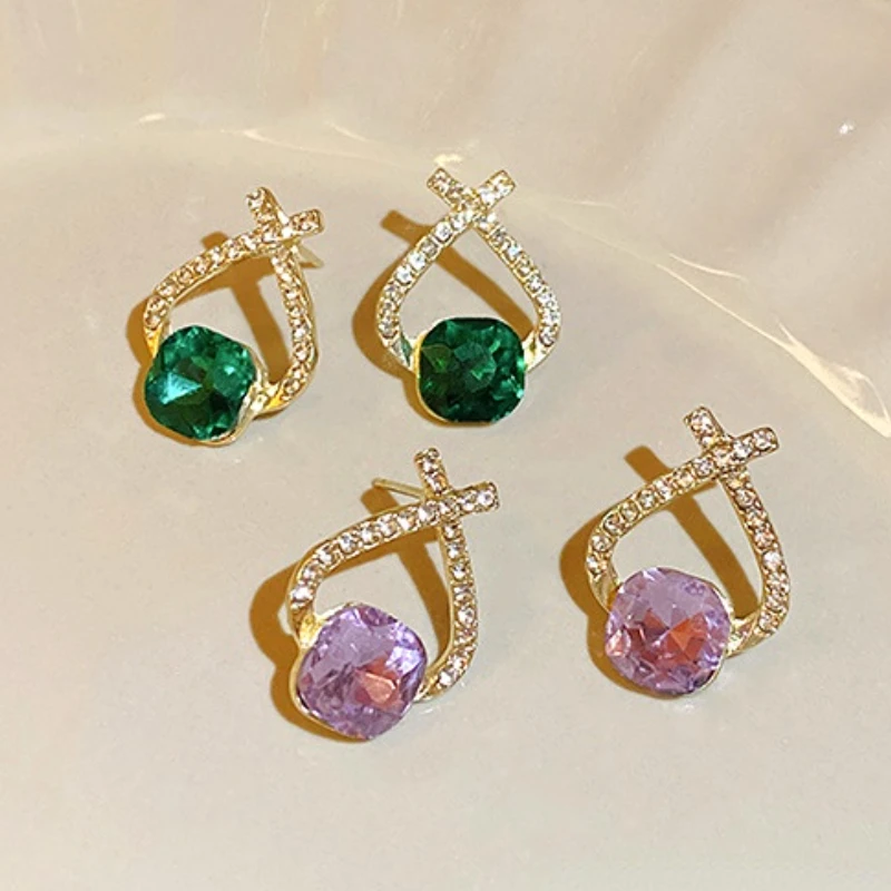 

U-Magical Fantasy Purple and Green Rhinestones Dangle Earings for Women Bling Bling Cross Hollow Metal Party Earings Jewellery