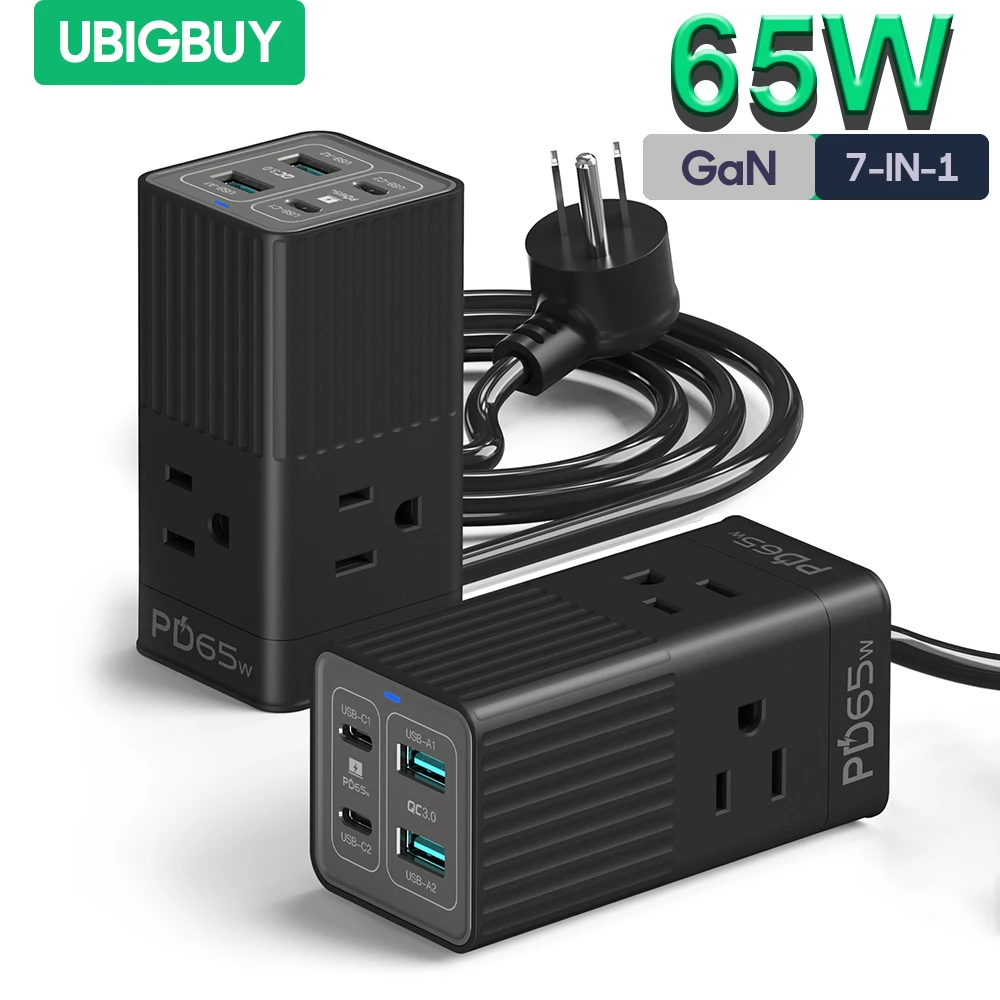 

Ubigbuy 65W GaN Charger Power Strip 7-in-1 Desktop Adapter USB Fast Charging Station for iPhone 14 13 12 Pro Max Xiaomi Samsung