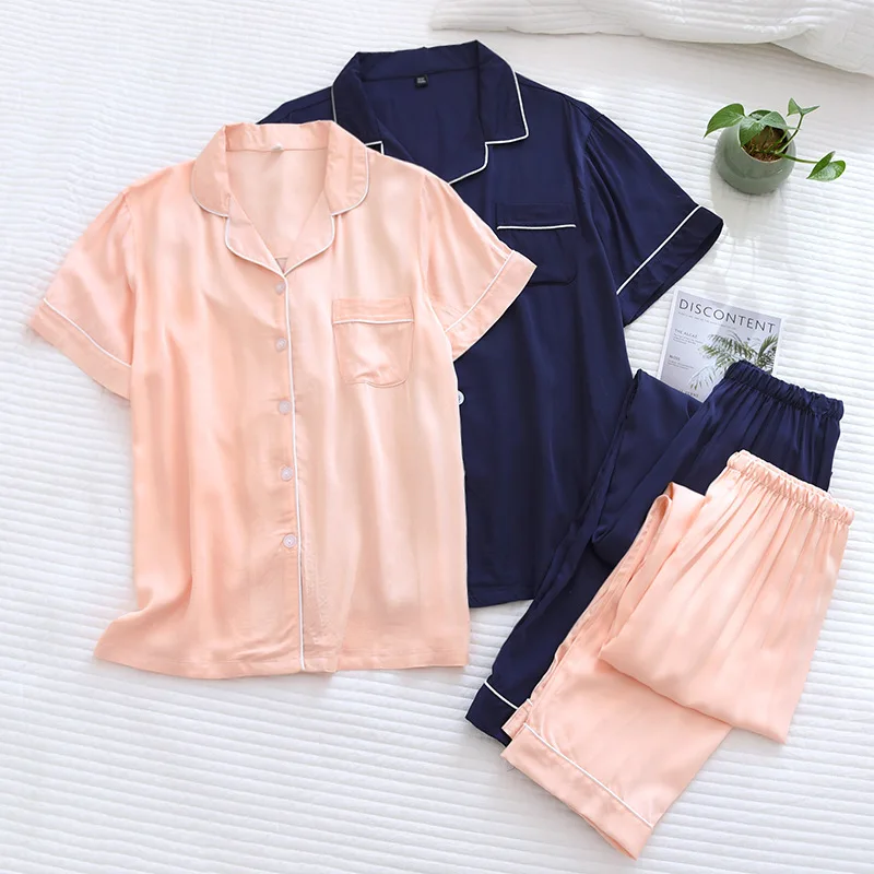 

Spring and Summer Cotton Viscose Pajamas Suit Women's Short Sleeves Trouser Suits Men's Couples Loose Large Size Pajama Set