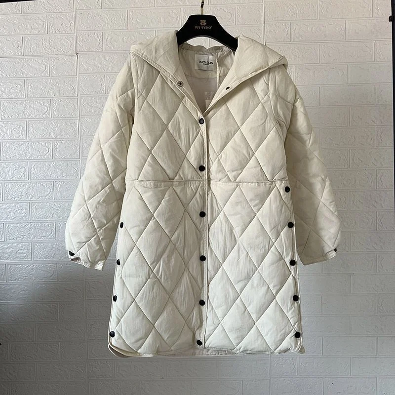 

Women's Hooded Jacket Winter Cotton Coat Diamond Checkered Buttons Design Sense Casual Versatile Loose Fashion Solid Parka