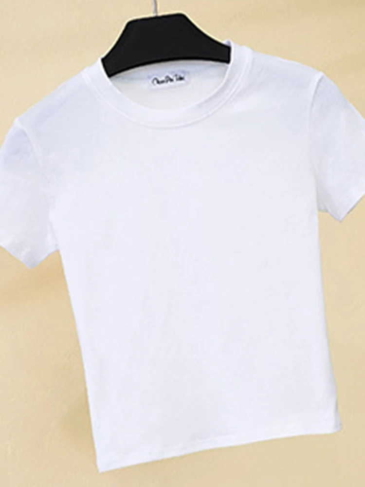 

Укороченный зеленый топ, футболка, Женская однотонная хлопковая Футболка с круглым вырезом и коротким рукавом для женщин, облегающая корот...