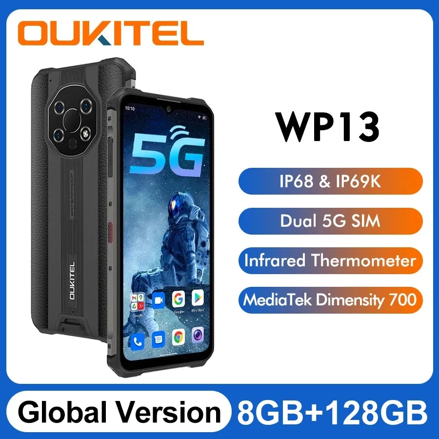 

OUKITEL WP13 смартфон с 5,7-дюймовым дисплеем, ОЗУ 8 Гб, ПЗУ 128 ГБ, 6,52 мАч, Android 11, 48 МП