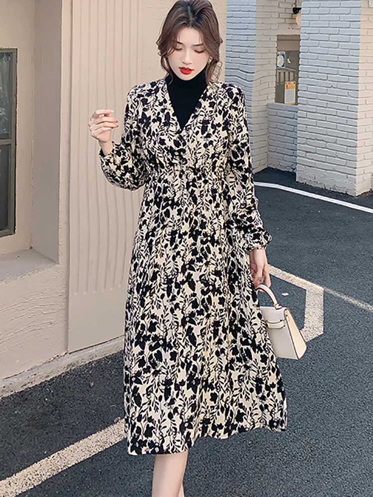 

Women Floral Long Sleeve Turtleneck Midi Robe 2022 Korean Casual Chic Prom Party Dress Autumn Winter Elegant Bodycon Night Dress
